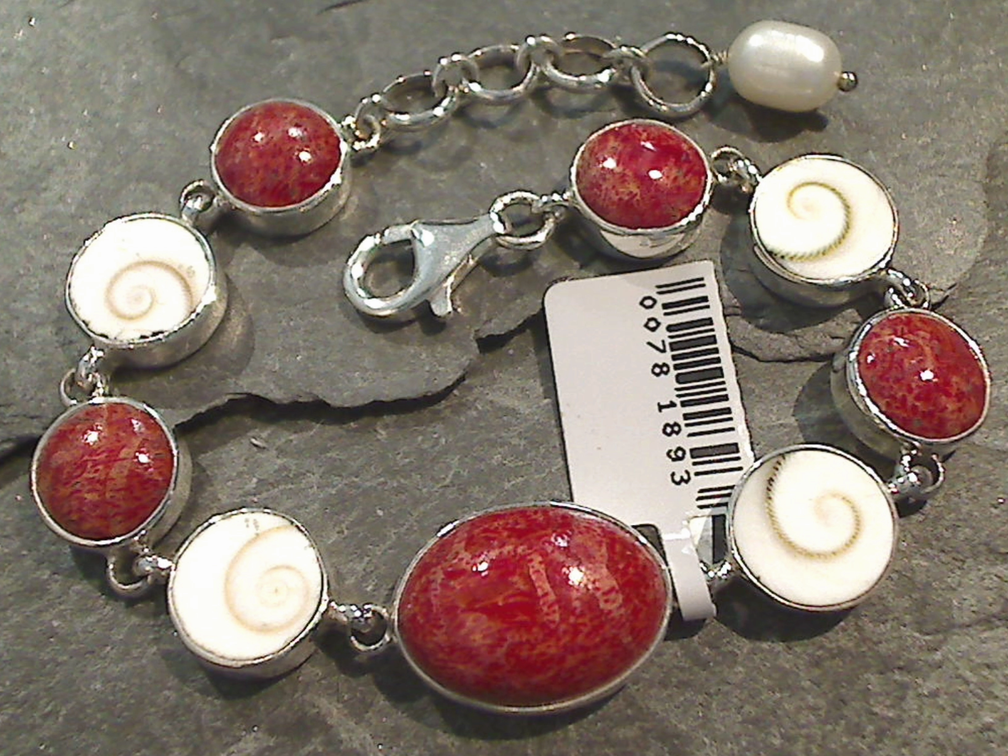 6.75" - 7.5" Coral, Shiva's Eye Shell, Sterling Silver Bracelet Vintage Accent Handmade Beauty