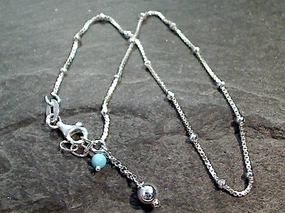 Versatile Gem Polished Look 9.5" - 10" Sterling Silver Anklet With Turquoise Bead