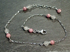 9" - 10" Moonstone, Rhodochrosite, Sterling Silver Anklet Fashion Finish