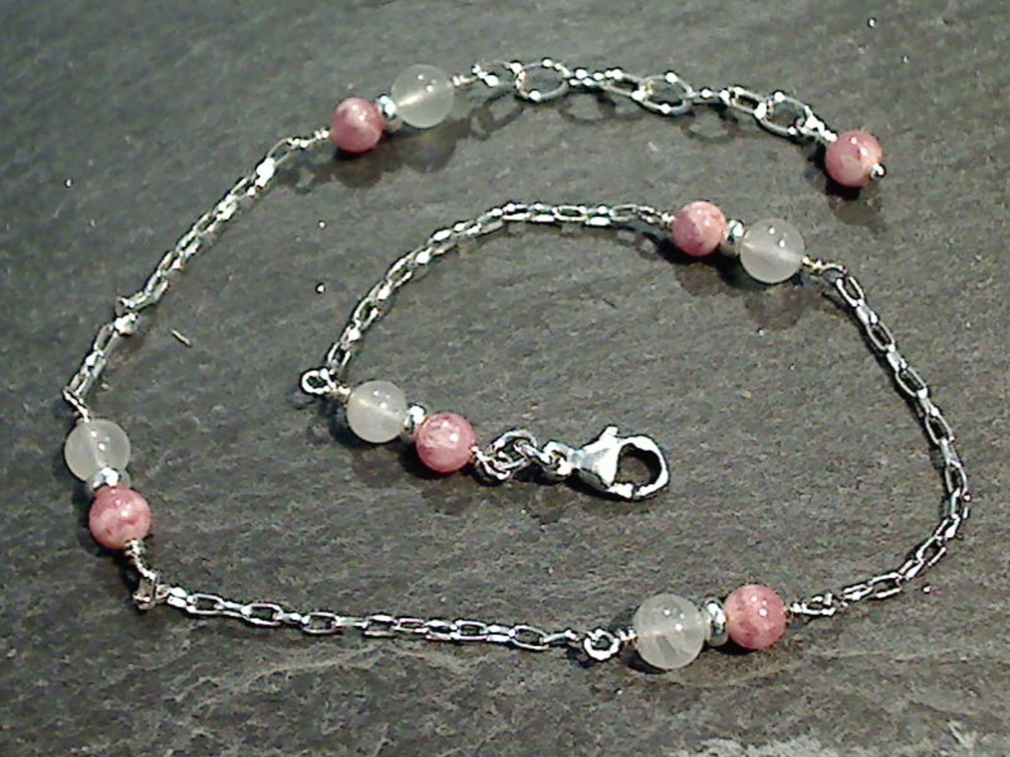 9" - 10" Moonstone, Rhodochrosite, Sterling Silver Anklet Fashion Finish