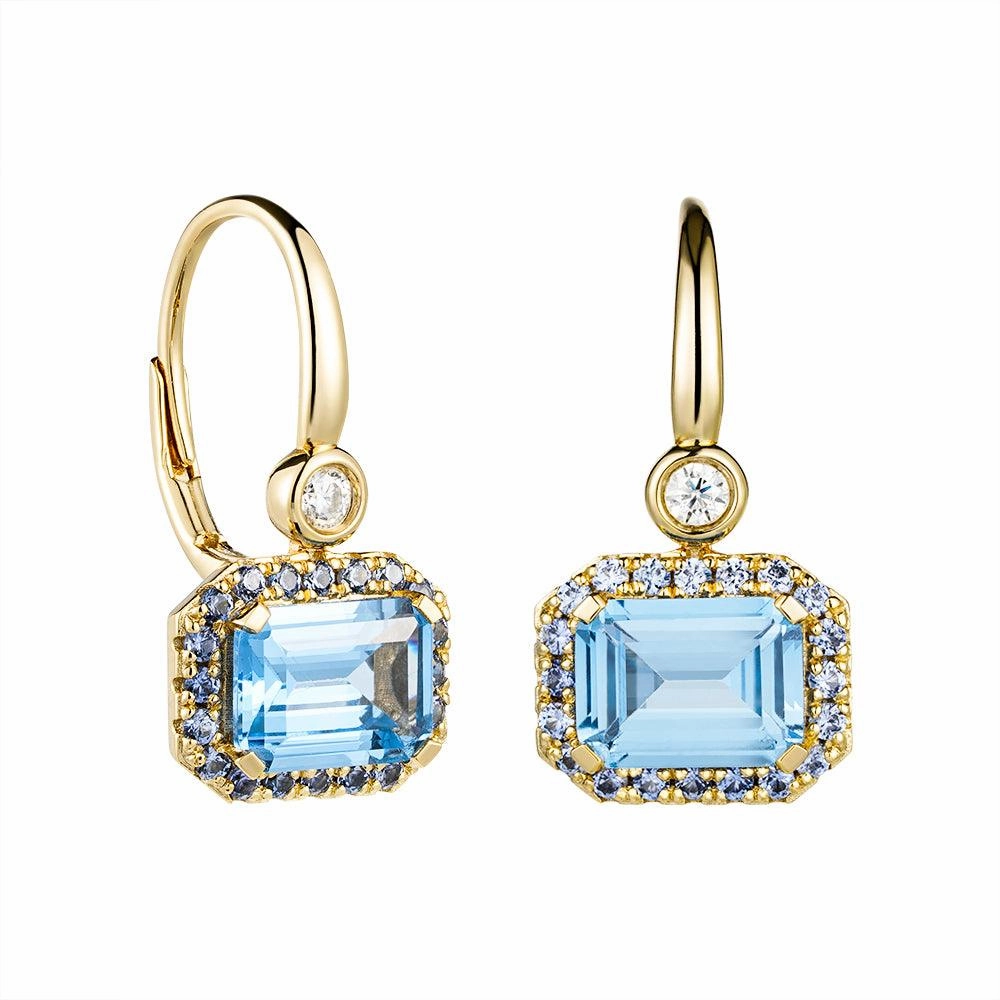 Fashionable Shine Party Design "Seaside Serenity Defender" Aquamarine and Sapphire Earrings