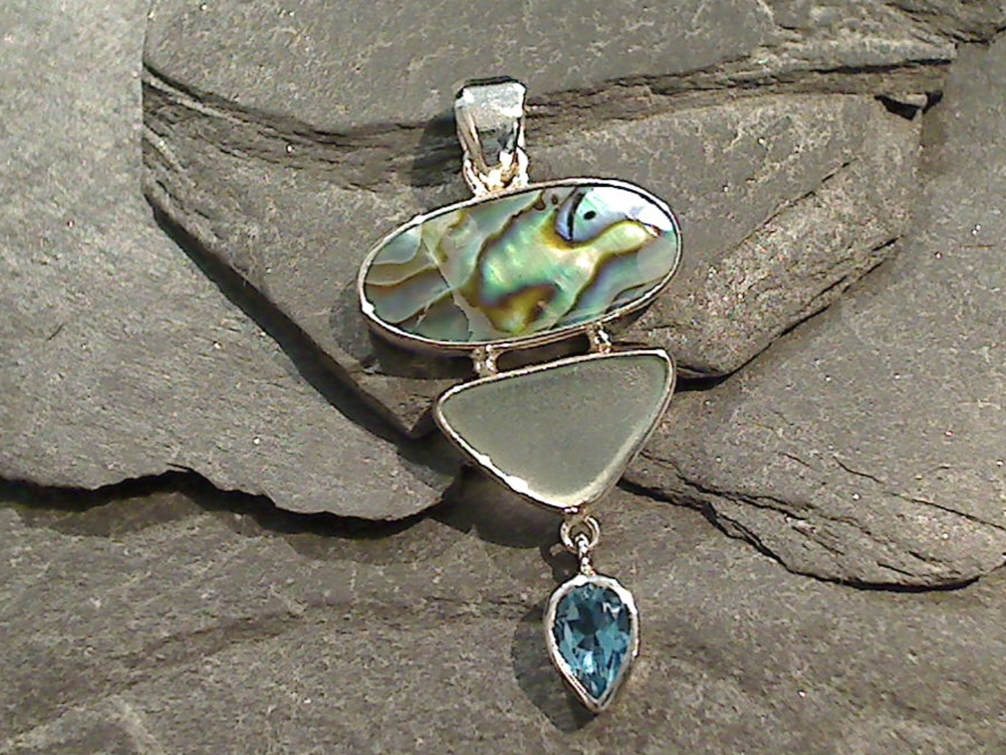 Abalone, Sea Glass, Blue Topaz, Sterling Silver Pendant Polished Jewelry
