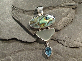 Abalone, Sea Glass, Blue Topaz, Sterling Silver Pendant Polished Jewelry