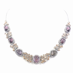Textured Feature Rhodium Plated Sterling Silver Purple and Champagne CZ Necklace