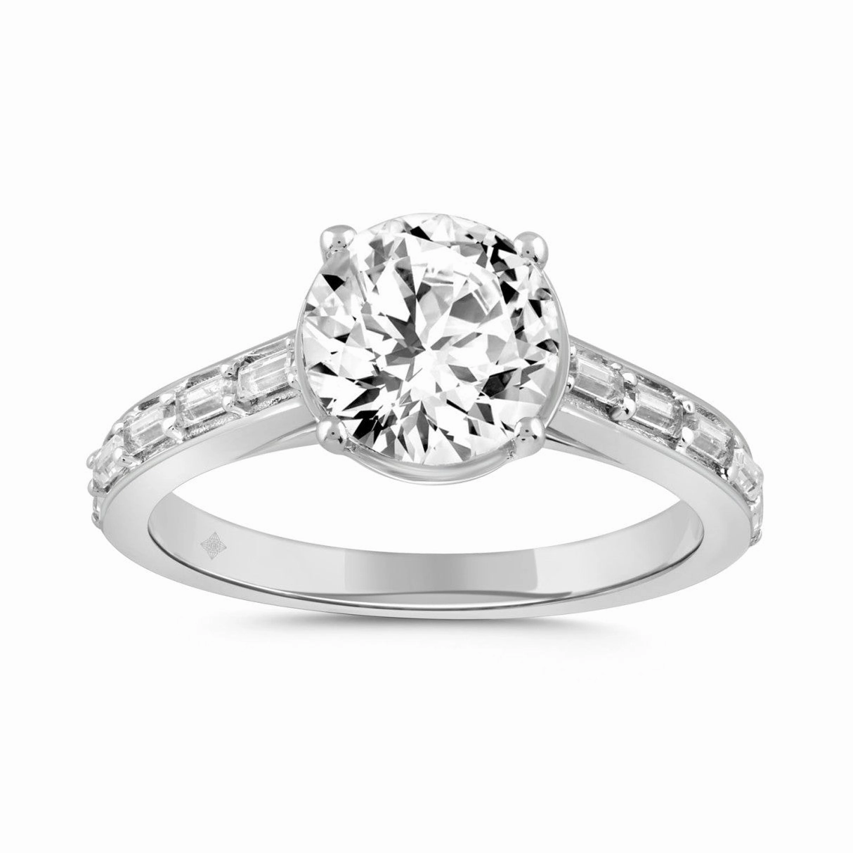 Exclusive Detail Polished Feature LADIES RING 2 1/4CT ROUND/BAGUETTE DIAMOND 14K WHITE GOLD (CENTER STONE ROUND DIAMOND 2CT )