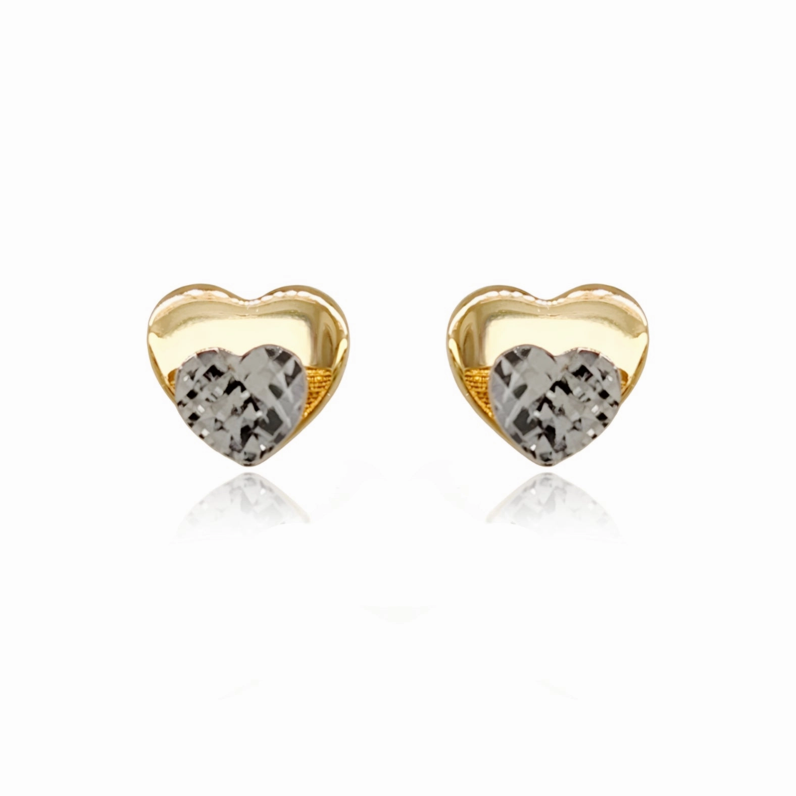 Stylish Pop Chic Fashion 14k Gold Diamond Cut Diamond Cut Rhodium Heart on Shiny Gold Heart Stud Earrings