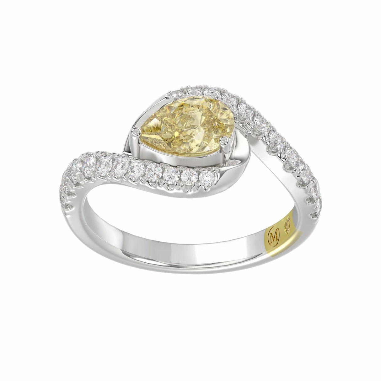Smooth Shine 14K WHITE GOLD CRAFTED WITH 18K YELLOW GOLD SHANK  1 1/2CT ROUND/YELLOW PEAR DIAMOND LADIES RING