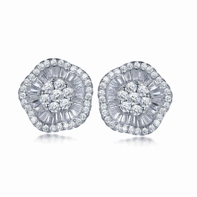 Sterling Silver Micropave Baguette Wavy Flower Stud Earrings Fine finishing