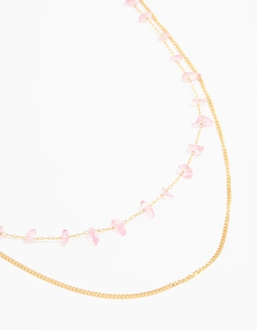 Graduation Day Waterproof Gold Plated Stainless Steel Pink Semiprecious Stone & Chain Layered Necklace