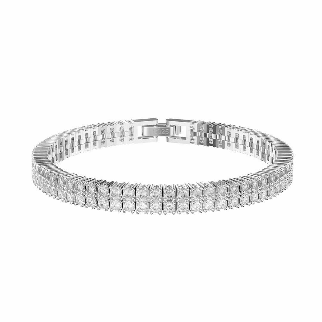 Sterling Silver Double Row CZ Bracelet With Fold Over Clasp Modern Shine