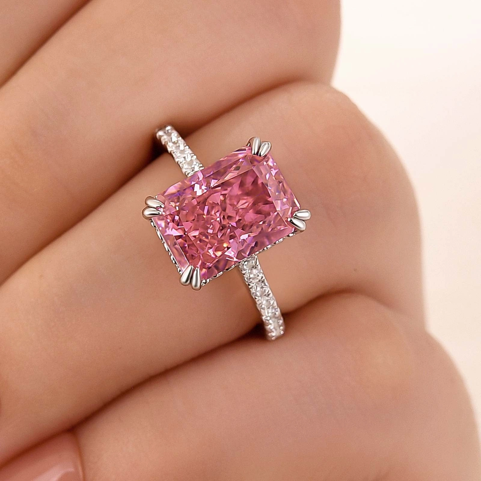 4.5Ct Elegant Radiant Cut Pink Stone Engagement Ring In Sterling Silver Elegant Look HighEnd Symbol