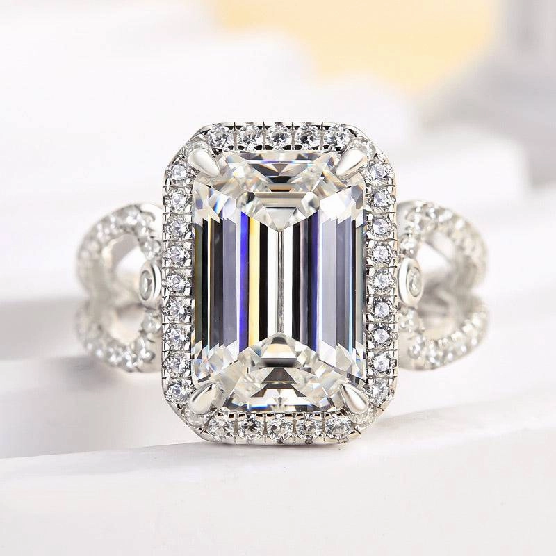 private label Trendy Adornment Louily Unique Halo Split Shank Emerald Cut Engagement Ring In Sterling Silver