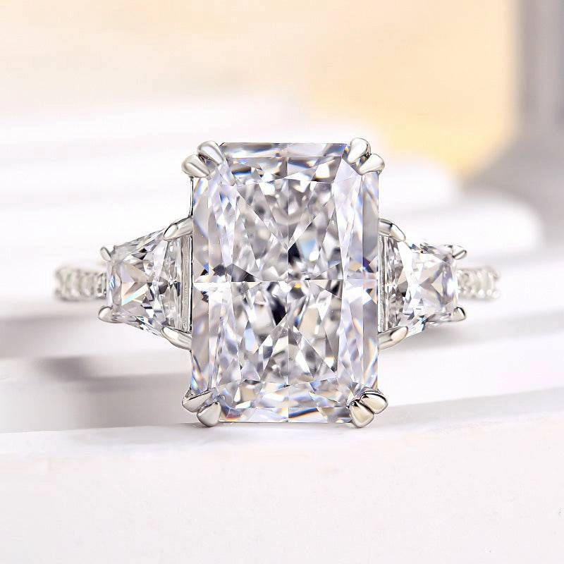 Louily Gorgeous Three Stone Crushed Ice Radiant Cut Engagement Ring Minimal Flow Chic Art
