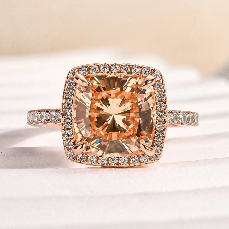 Natural Style Graceful Look Louily Elegant Rose Gold Halo Cushion Cut Champagne Engagement Ring In Sterling Silver