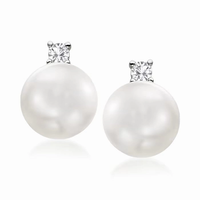 14K Freshwater Pearl and Lab Grown Diamond Stud Earrings Sparkle Surface