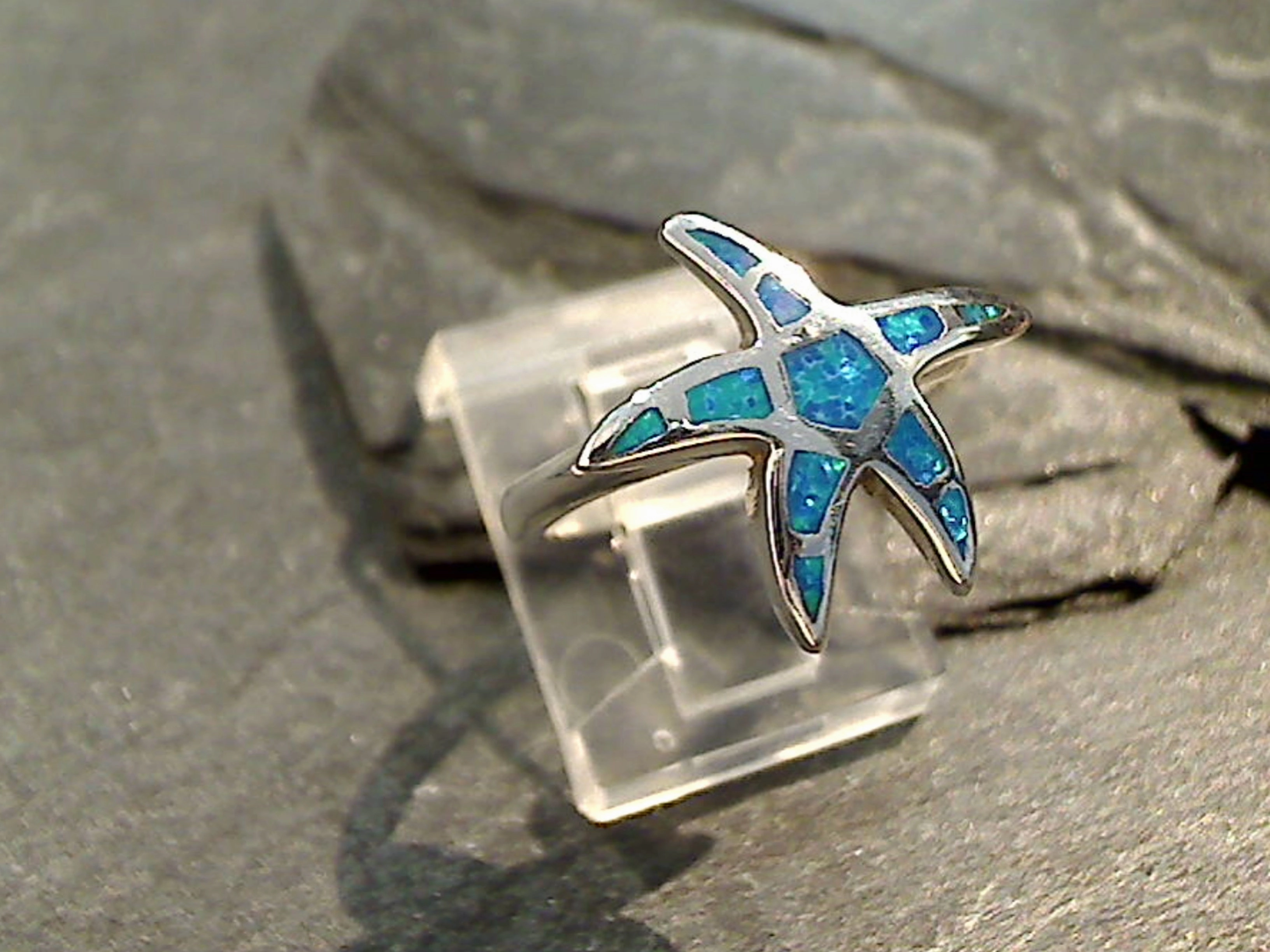 Size 5.5 Lab Created Opal, Sterling Silver Starfish Ring Detail Pop