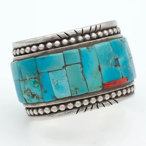Arlene Aguilar Santa Ana Pueblo Handmade Sterling Silver Turquoise Red Spiny Oyster Cuff Bracelet Everyday Design