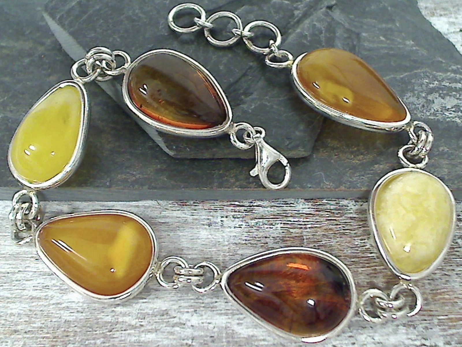 8.5" - 9.5" Amber, Copal, Sterling Silver Bracelet Vibrant Jewelry Shine