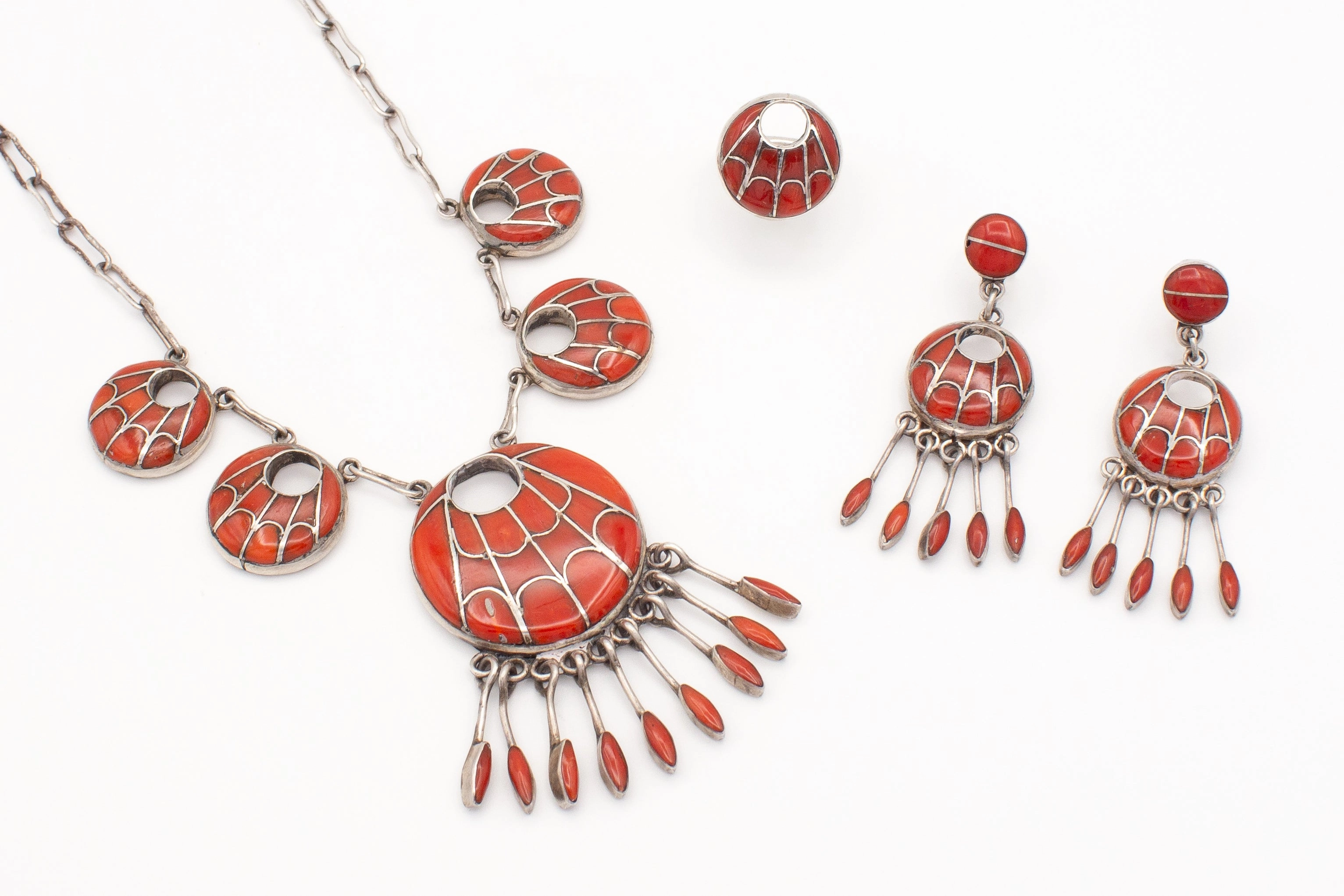 Annie Quam Gasper Zuni Handmade Mediterranean Coral 3-Piece Set Polished Style