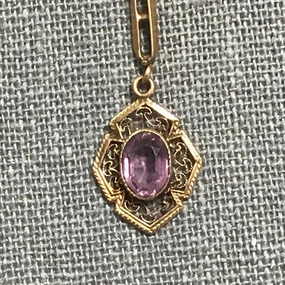 Antique Amethyst Drop Pendant set in 10K Yellow Gold. February Birthstone Estate Jewelry. Formal Attire Chic Update