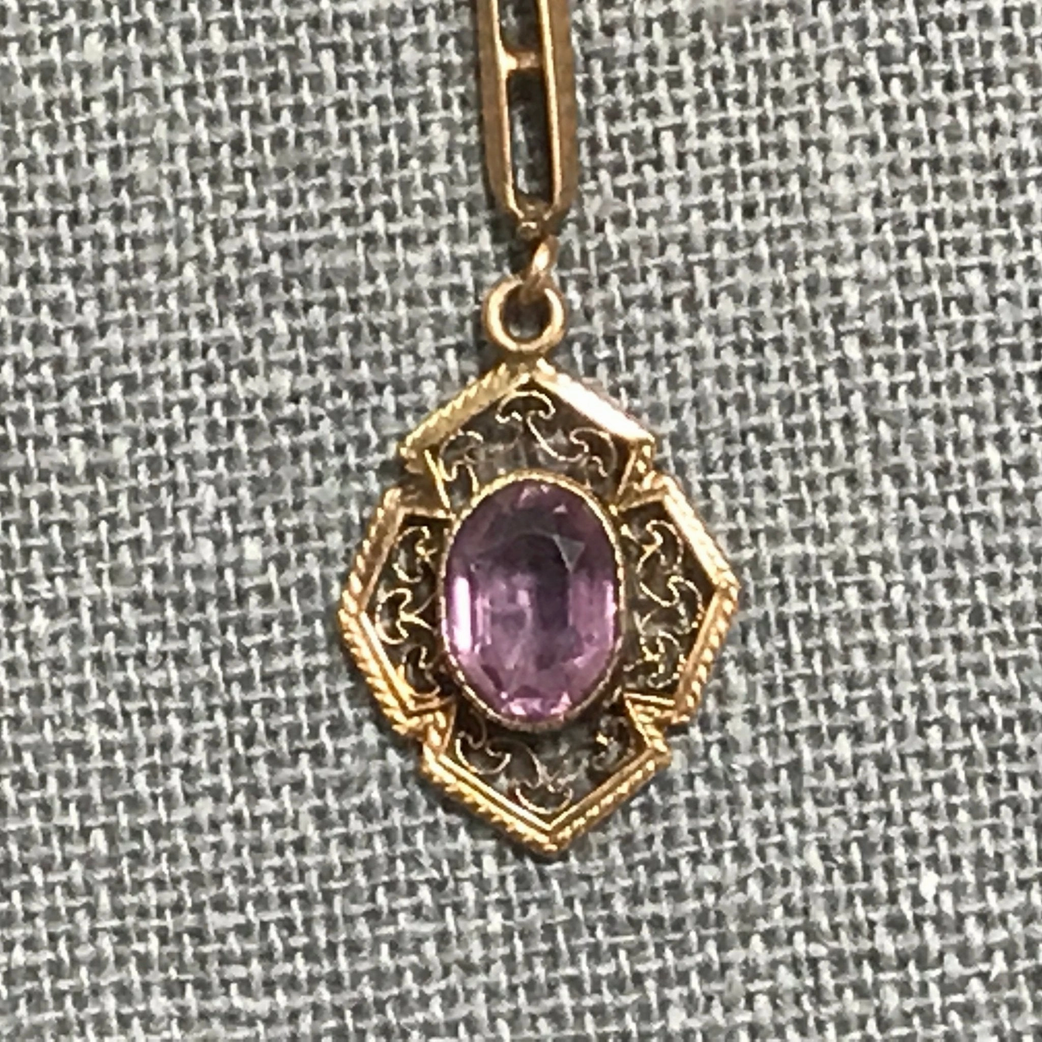 Antique Amethyst Drop Pendant set in 10K Yellow Gold. February Birthstone Estate Jewelry. Formal Attire Chic Update