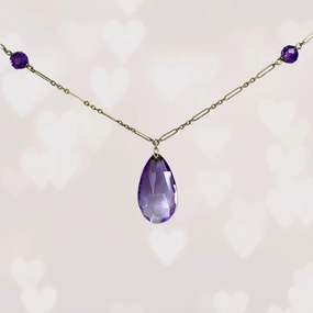 Antique Amethyst Necklace with Drop Pendant and Beads set in 14K Yellow Gold. February Birthstone. Glistening Look