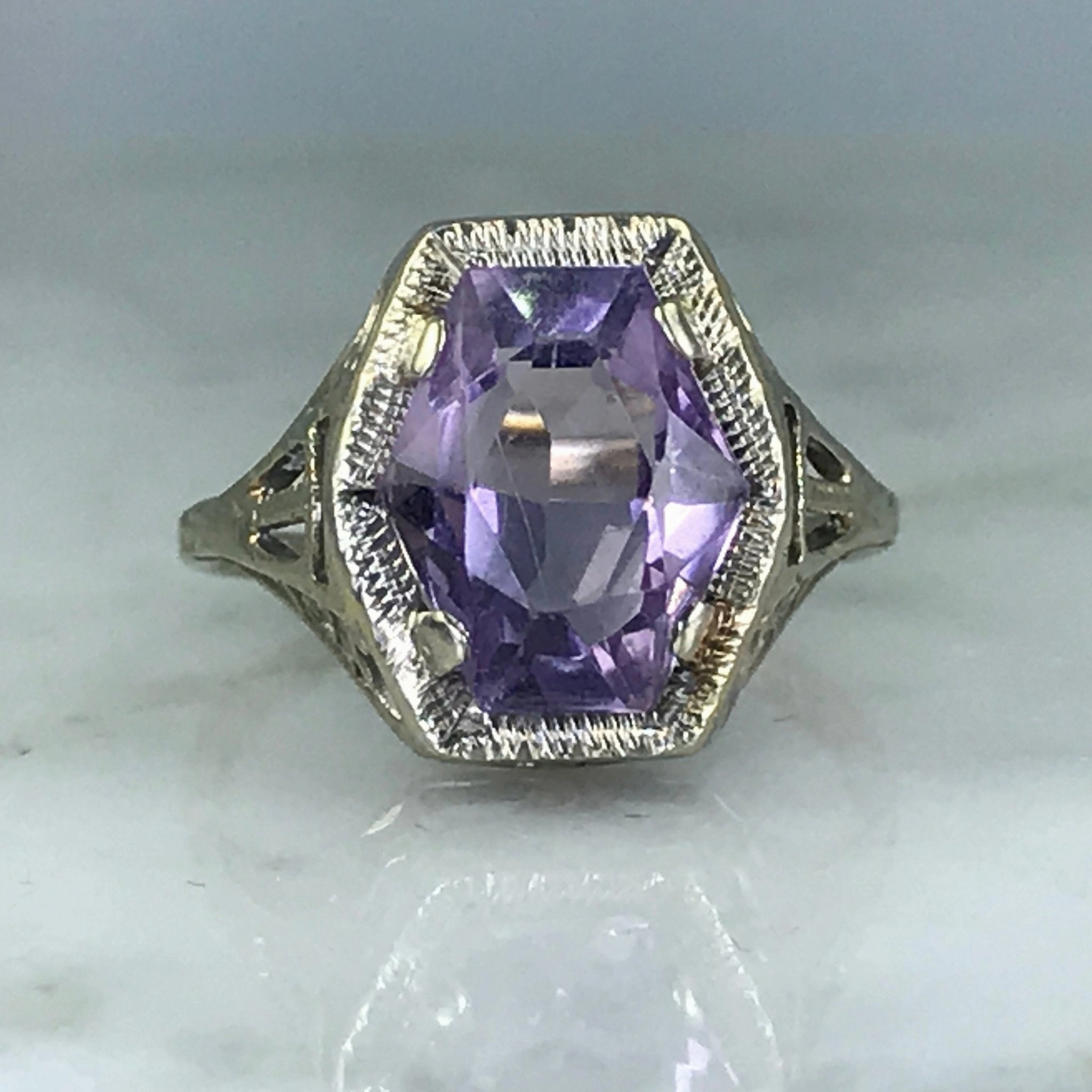Antique Amethyst Ring. 10K White Gold. Art Nouveau Filigree. February Birthstone. 6th Anniversary. Trendy Sparkle Glistening Piece