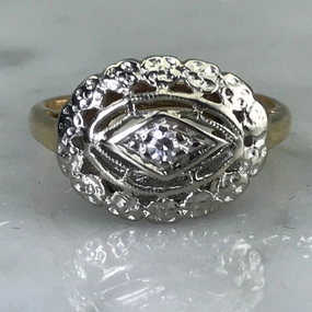 Distinctive Style Art Deco Diamond Shield Ring. 14K Gold Filigree Setting.  April Birthstone. 10 Year Anniversary.