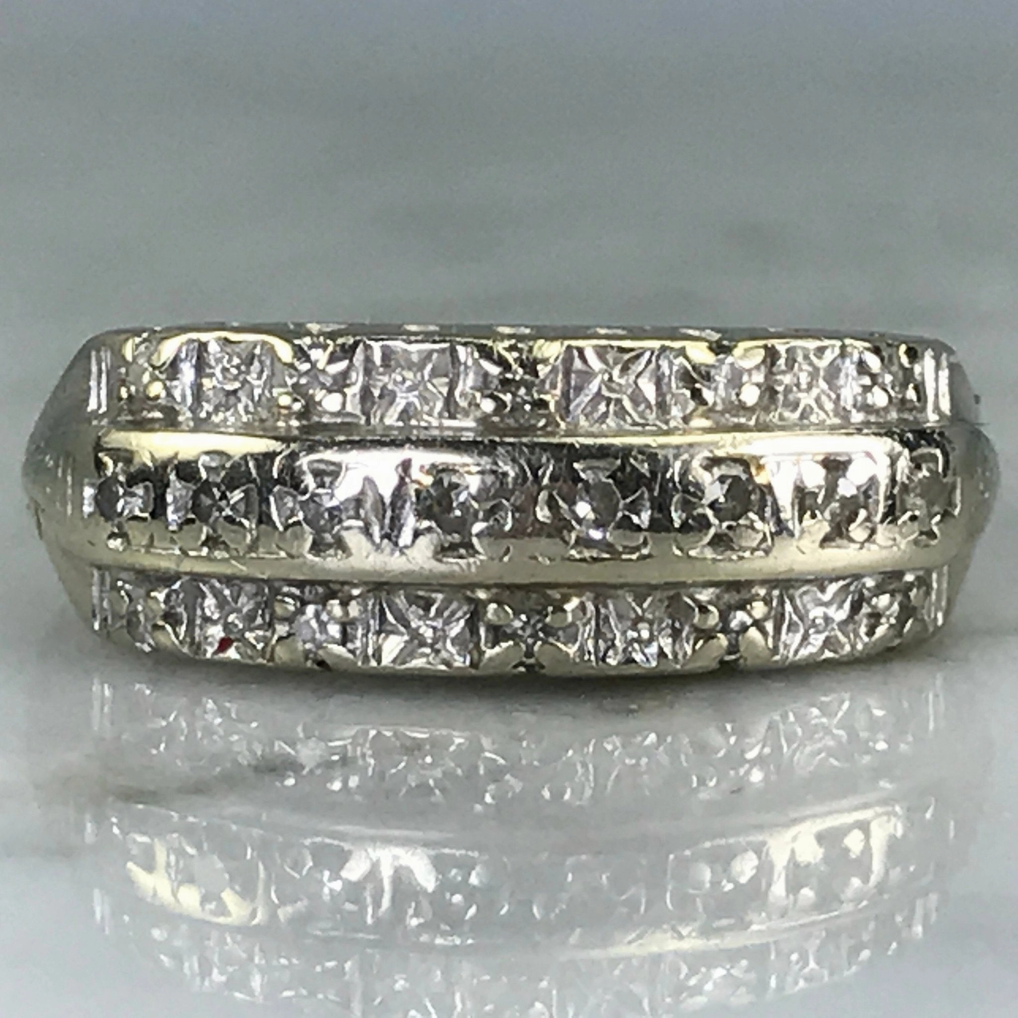 Polished Radiance Art Deco Diamond Wedding Band. 14K Gold. April Birthstone. 10th Anniversary. Stacking Ring.