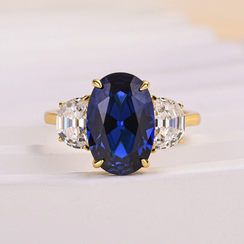 Louily Yellow Gold 3.5 Carat Blue Sapphire Oval Cut Three Stone Engagement Ring In Sterling Silver Minimalist Accessory