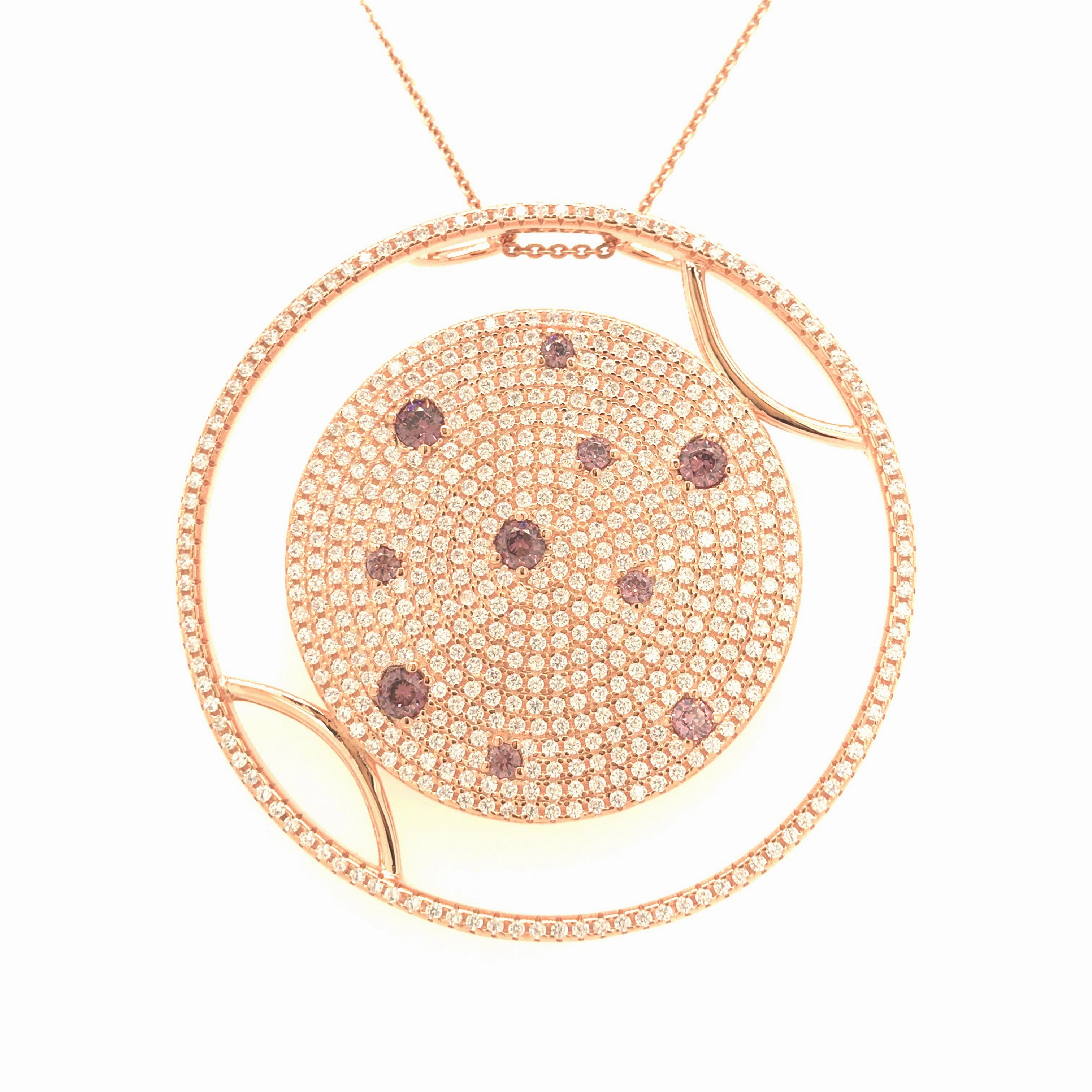 Sterling Silver Rose-Plated Large Round CZ Pendant Necklace Lustrous Feature