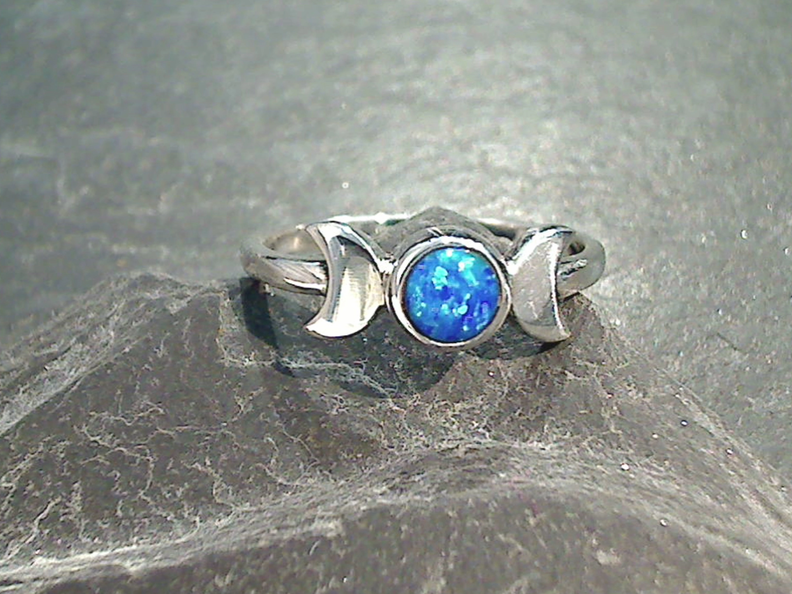Gleaming Sparkle Size 8.5 Lab Created Opal, Sterling Silver Moons Ring
