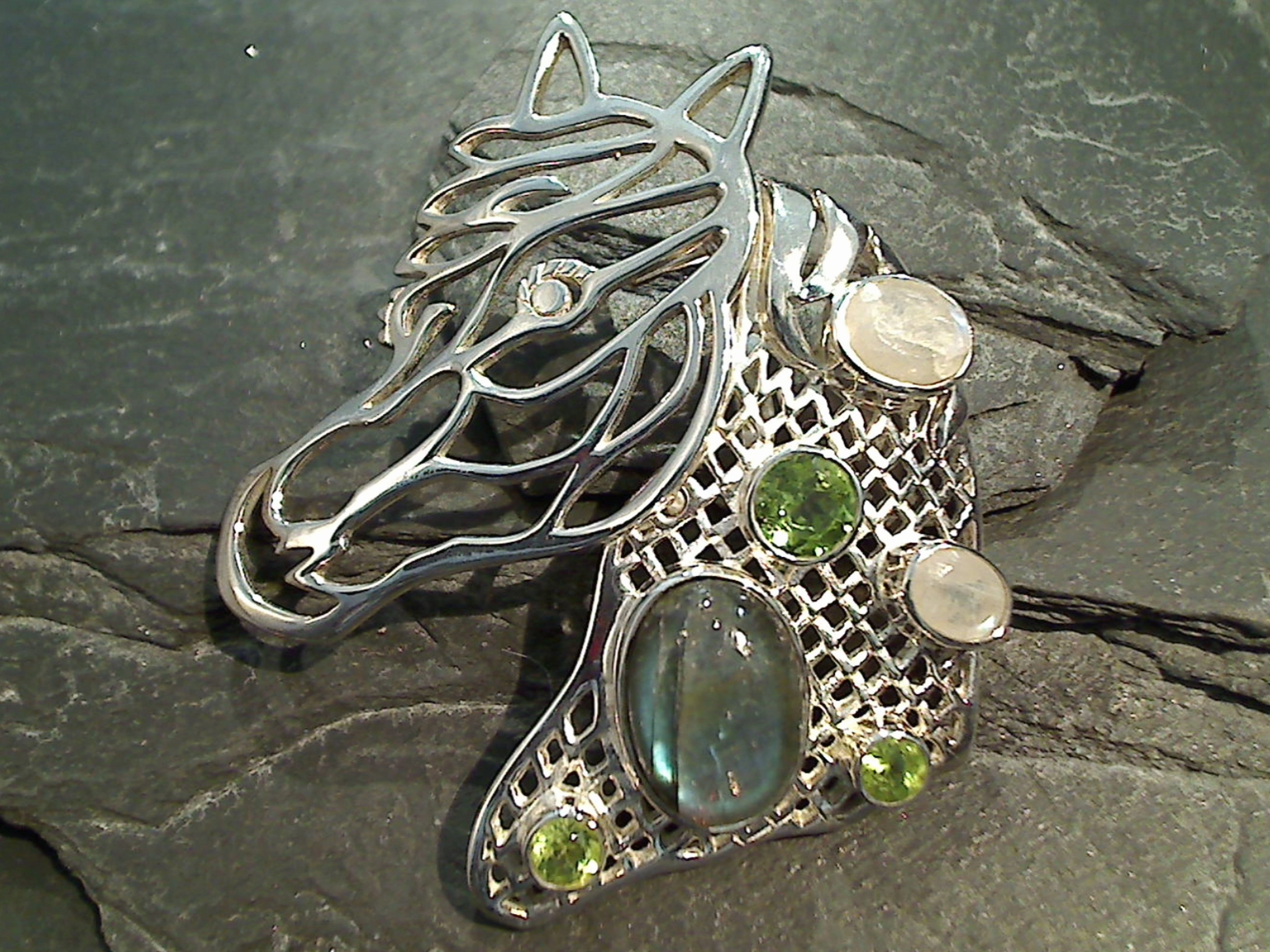 Peridot, Labradorite, Moonstone, Sterling Silver Extra Large Horse Head Pendant Daytime Look Bold Charm