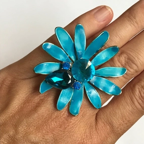 Vintage Blue Enamel Flower Ring. Upcycled Vintage Statement Ring. Blue Rhinestones. Shiny Craft