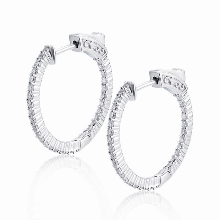 Brunch Look Sterling Silver 25mm Round CZ Hoop Earrings with 1.5mm CZs
