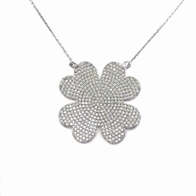 Rhodium Plated Sterling Silver Micropave CZ Flat Flower Necklace Clean Lines