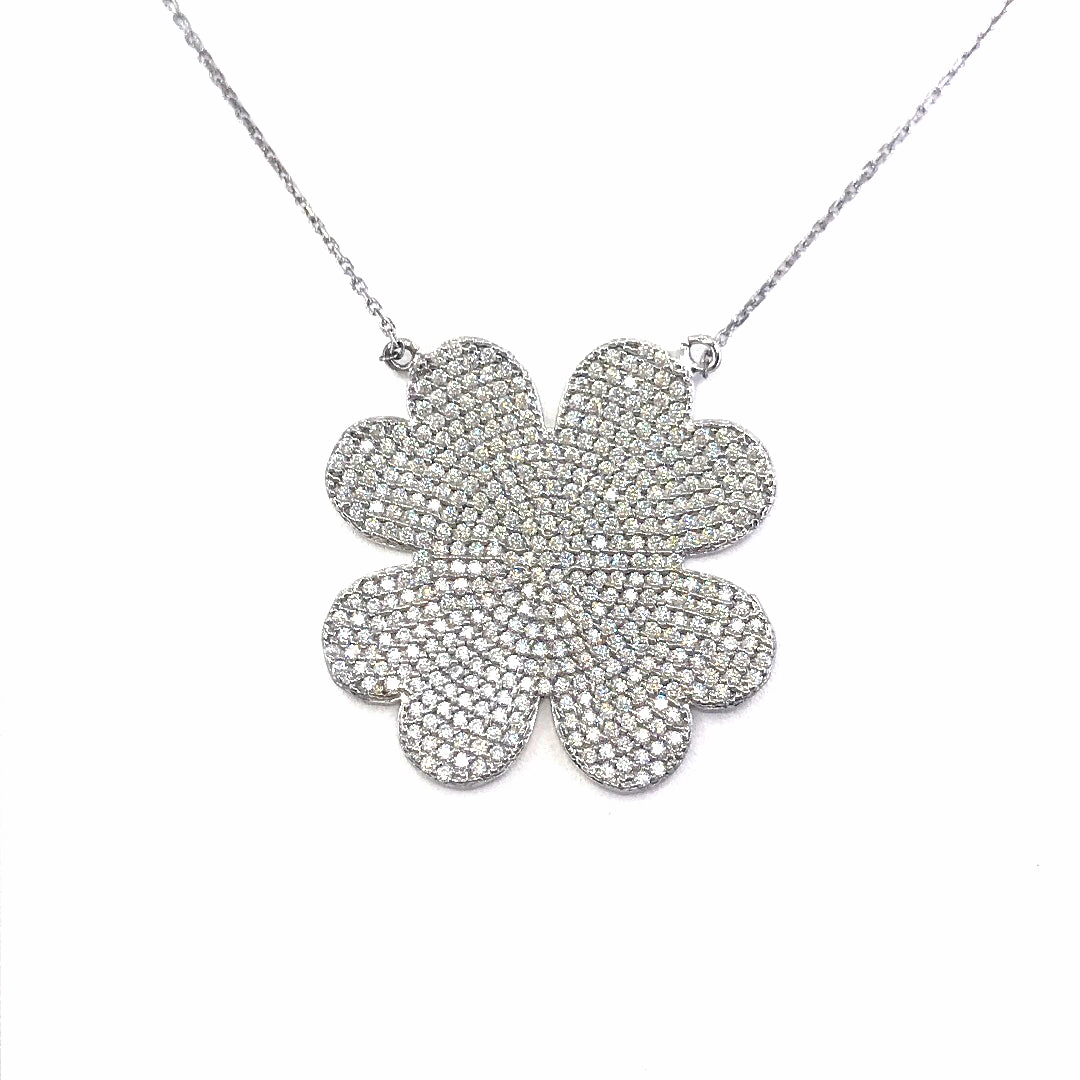 Rhodium Plated Sterling Silver Micropave CZ Flat Flower Necklace Clean Lines