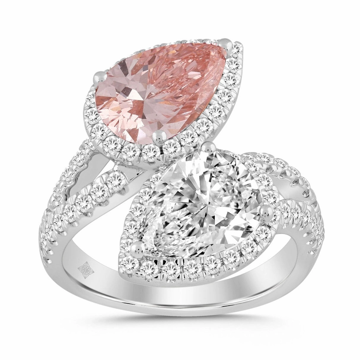 LADIES RING 4 3/4CT ROUND/PEAR DIAMOND 14K WHITE GOLD (CENTER STONE PEAR DIAMOND 2CT ) Splendid Shine