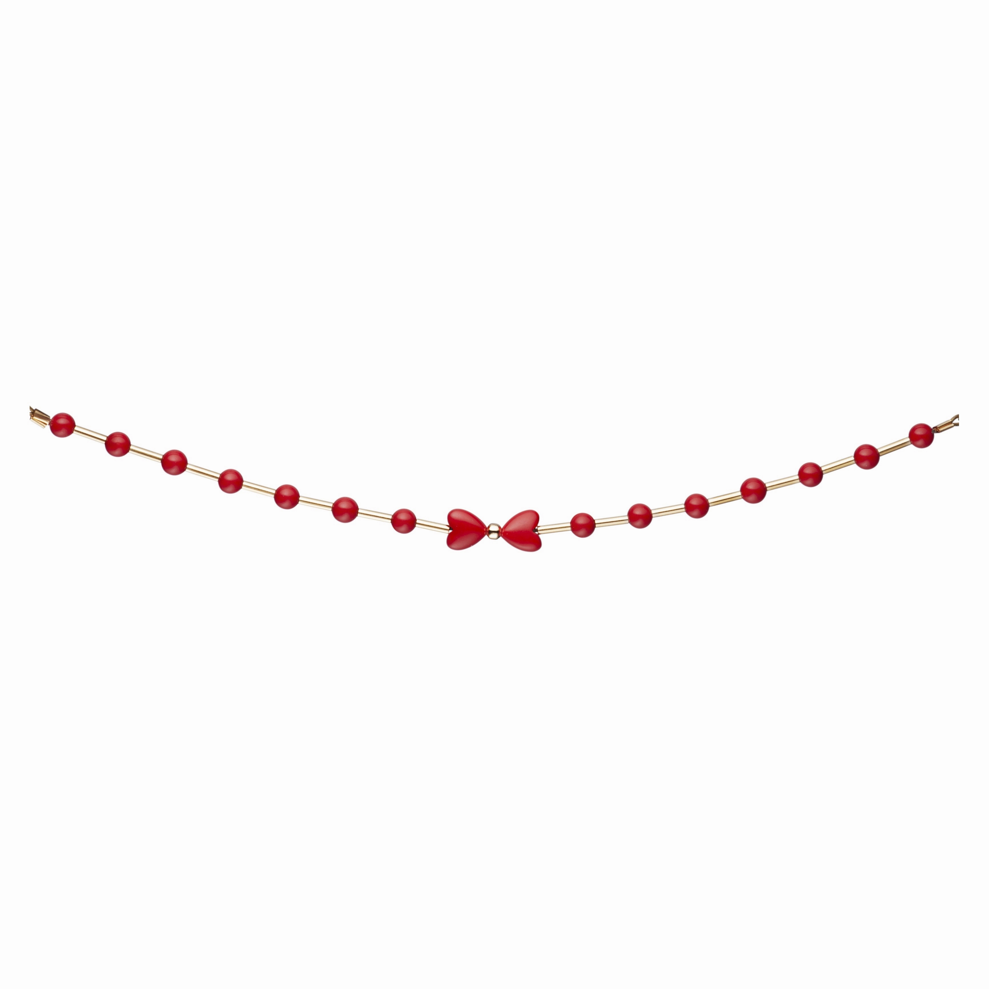 Lustrous Edge Gold Filled Bar With Red Beads With Center Red Heart Bow Children's Bracelet