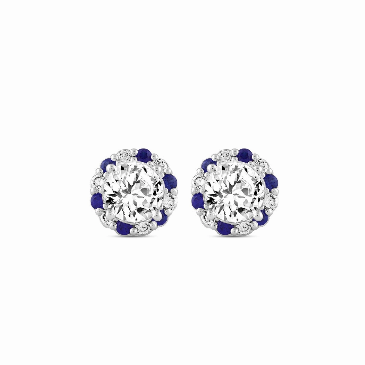 14K WHITE GOLD 2 5/8CT ROUND/ ROUND BLUE SAPPHIRE DIAMOND LADIES EARRING (CENTER STONE ROUND DIAMOND 2CT) Refined Touch