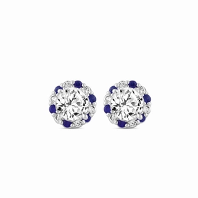 14K WHITE GOLD 2 5/8CT ROUND/ ROUND BLUE SAPPHIRE DIAMOND LADIES EARRING (CENTER STONE ROUND DIAMOND 2CT) Refined Touch