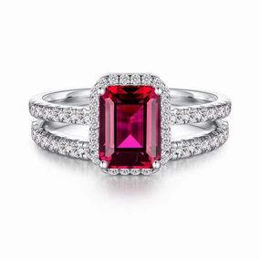 Glossy Touch Modern Glow 2 CT. Emerald Cut Lab Grown Ruby Ring Set with Matching Wedding Band
