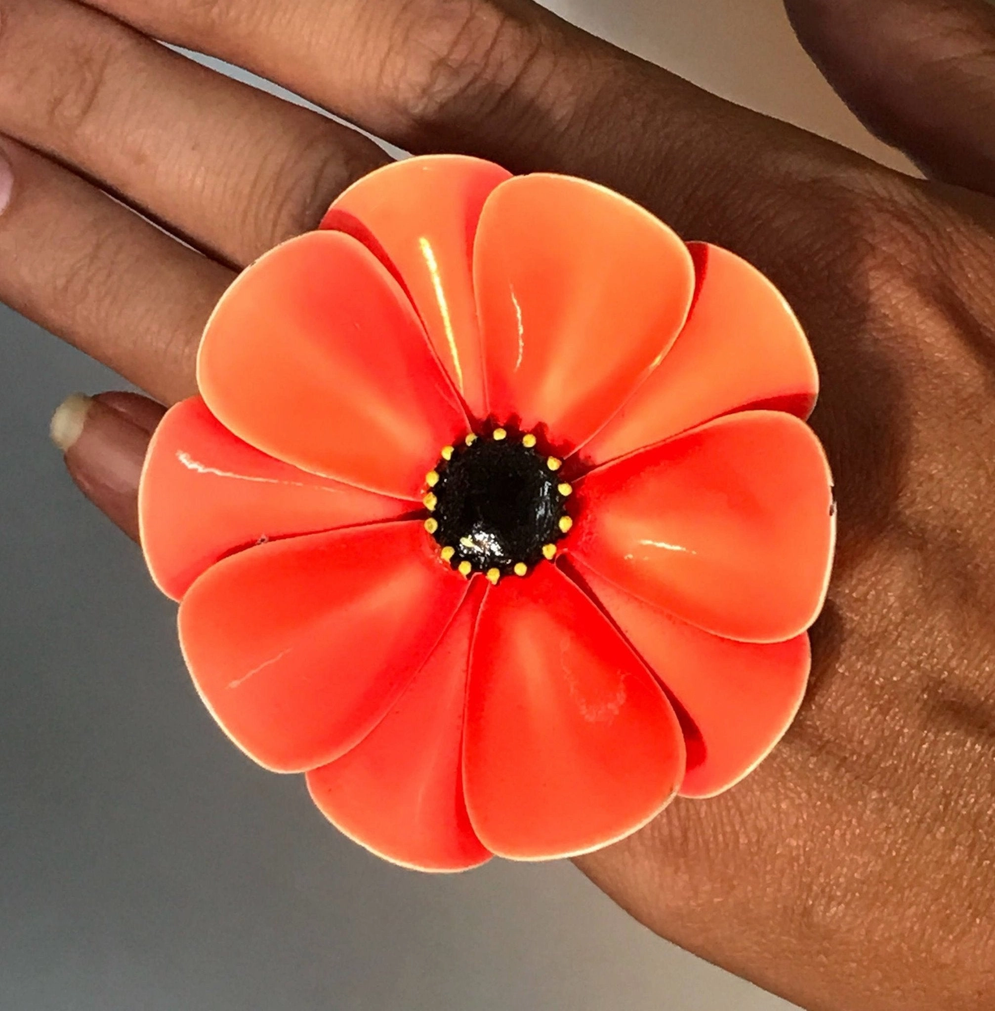 Upcycled Orange Enamel Flower Ring. Orange Poppy Ring. Recycled Estate Jewelry. Polished Details