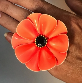 Upcycled Orange Enamel Flower Ring. Orange Poppy Ring. Recycled Estate Jewelry. Polished Details