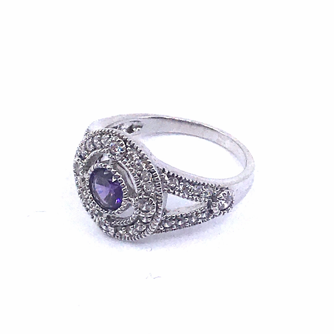 Elegant Form Retro Inspired Rhodium Plated Sterling Silver Purple CZ Center Circle Ring