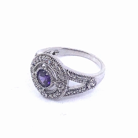 Elegant Form Retro Inspired Rhodium Plated Sterling Silver Purple CZ Center Circle Ring