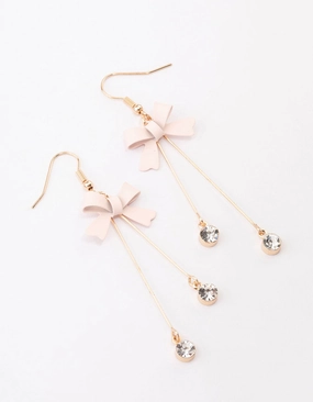 Brilliant Touch Blush Diamante Bow Double Bar Drop Earrings