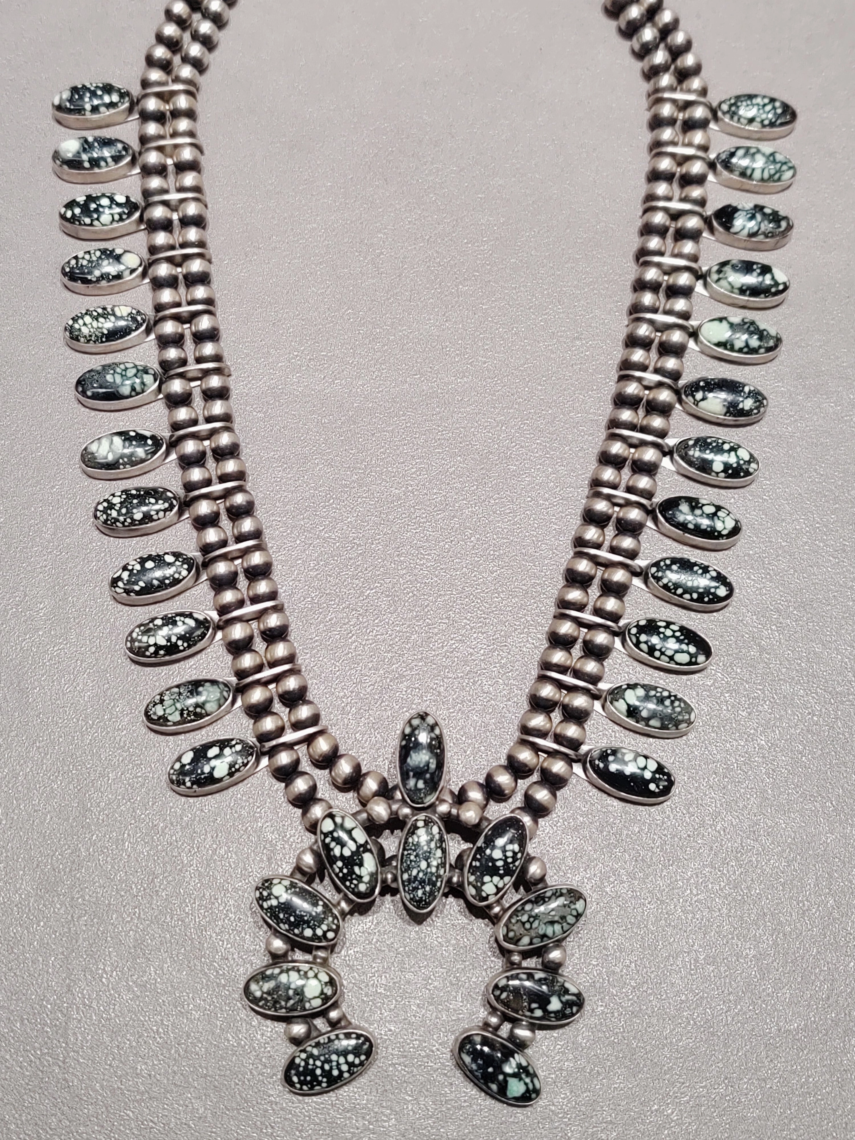 Bobby Johnson Navajo Sterling Silver New Lander Chalcosiderite Squash Blossom - Handmade Native American Lustrous Highlight