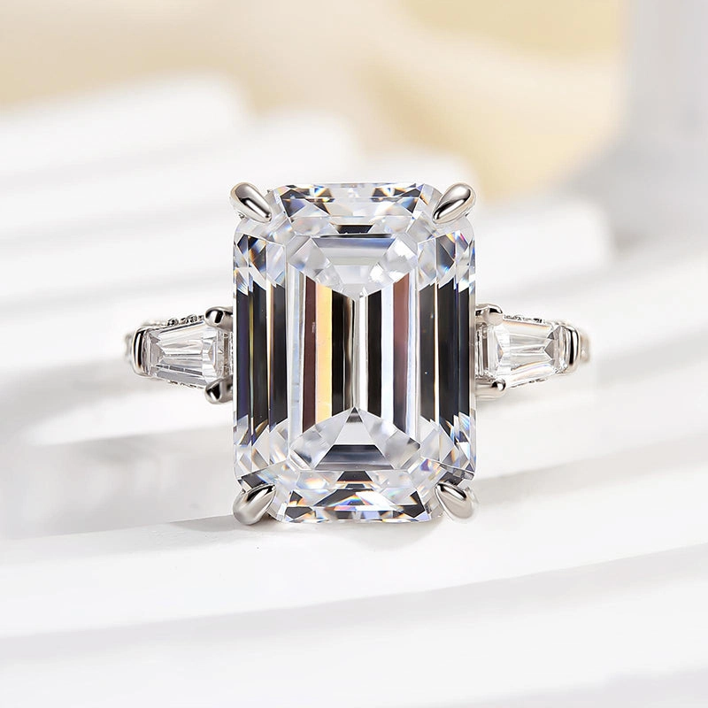 Louily Unique Emerald Cut Three Stone Engagement Ring In Sterling Silver square shape