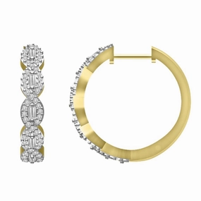 Fashion Sparkle Stylish Contour LADIES HOOP EARRINGS 0.50CT ROUND/BAGUETTE DIAMOND 10K YELLOW GOLD